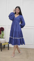 Royal Blue Solid Flared Dress with White Lace Detailing